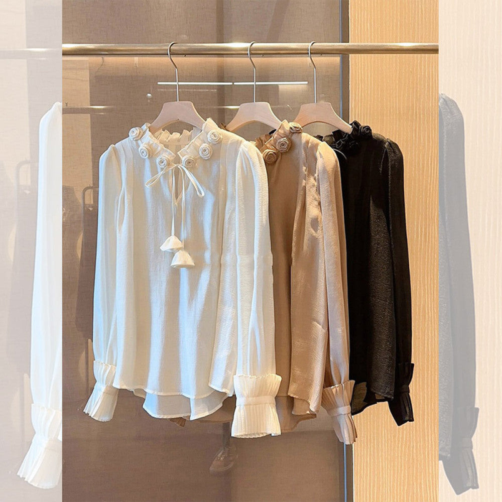 French gentle sweet and fashionable 2025 early spring new item niche design flower long sleeved stand up collar bubble sleeve shirt for women image 6