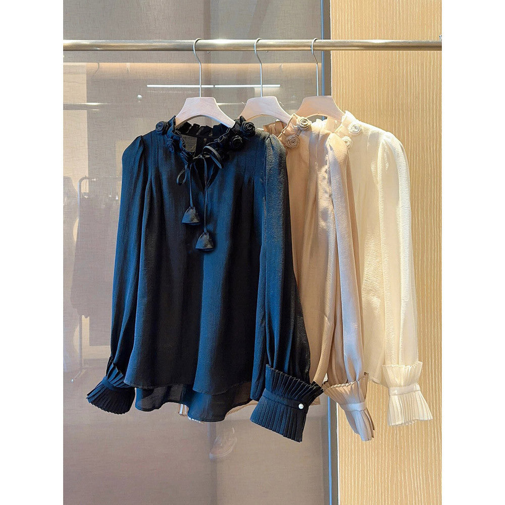French gentle sweet and fashionable 2025 early spring new item niche design flower long sleeved stand up collar bubble sleeve shirt for women image 19