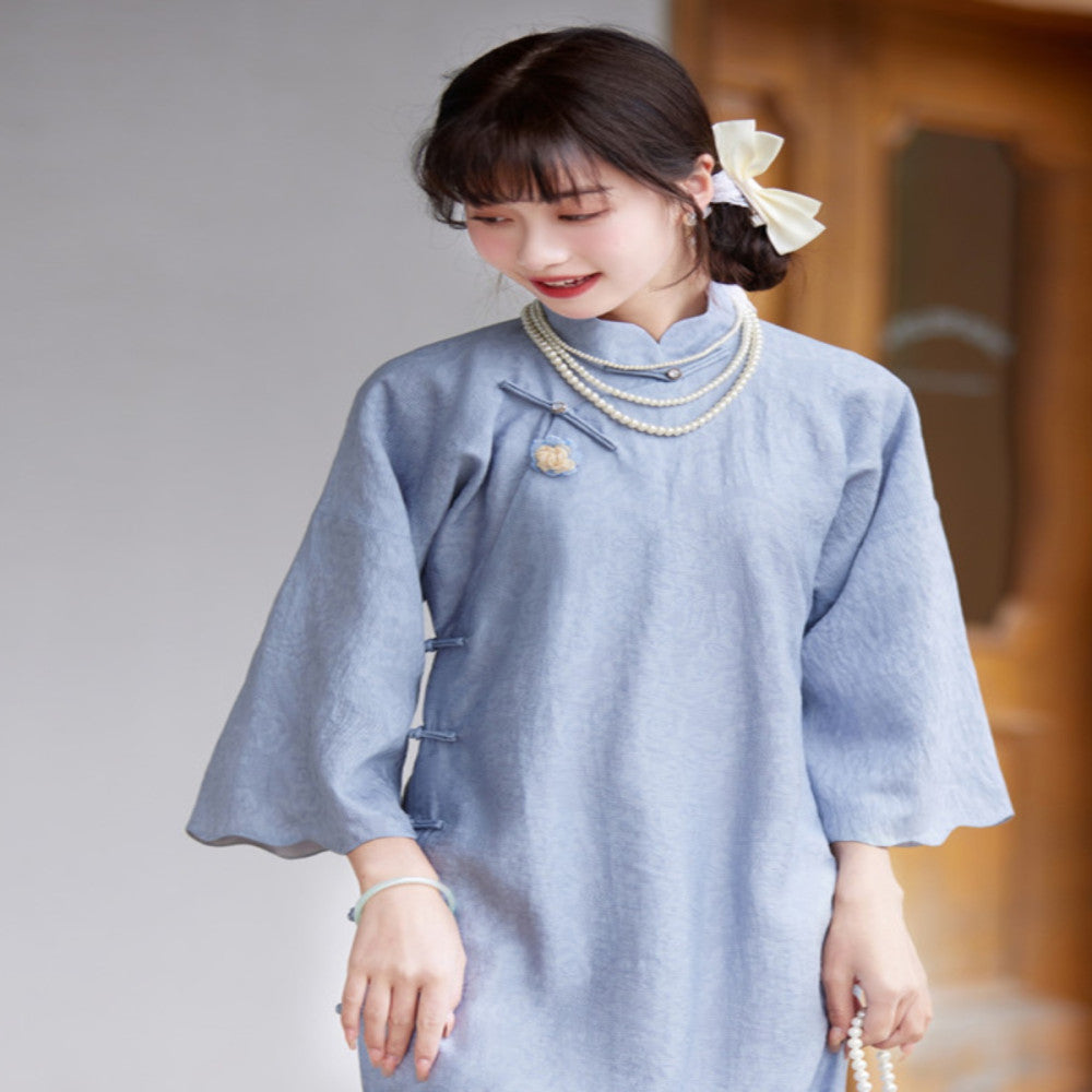 Seeking Eden original blue petal collar with seven quarter sleeves medium long style for girls retro ancient style cheongsam young style inverted large sleeves image 11