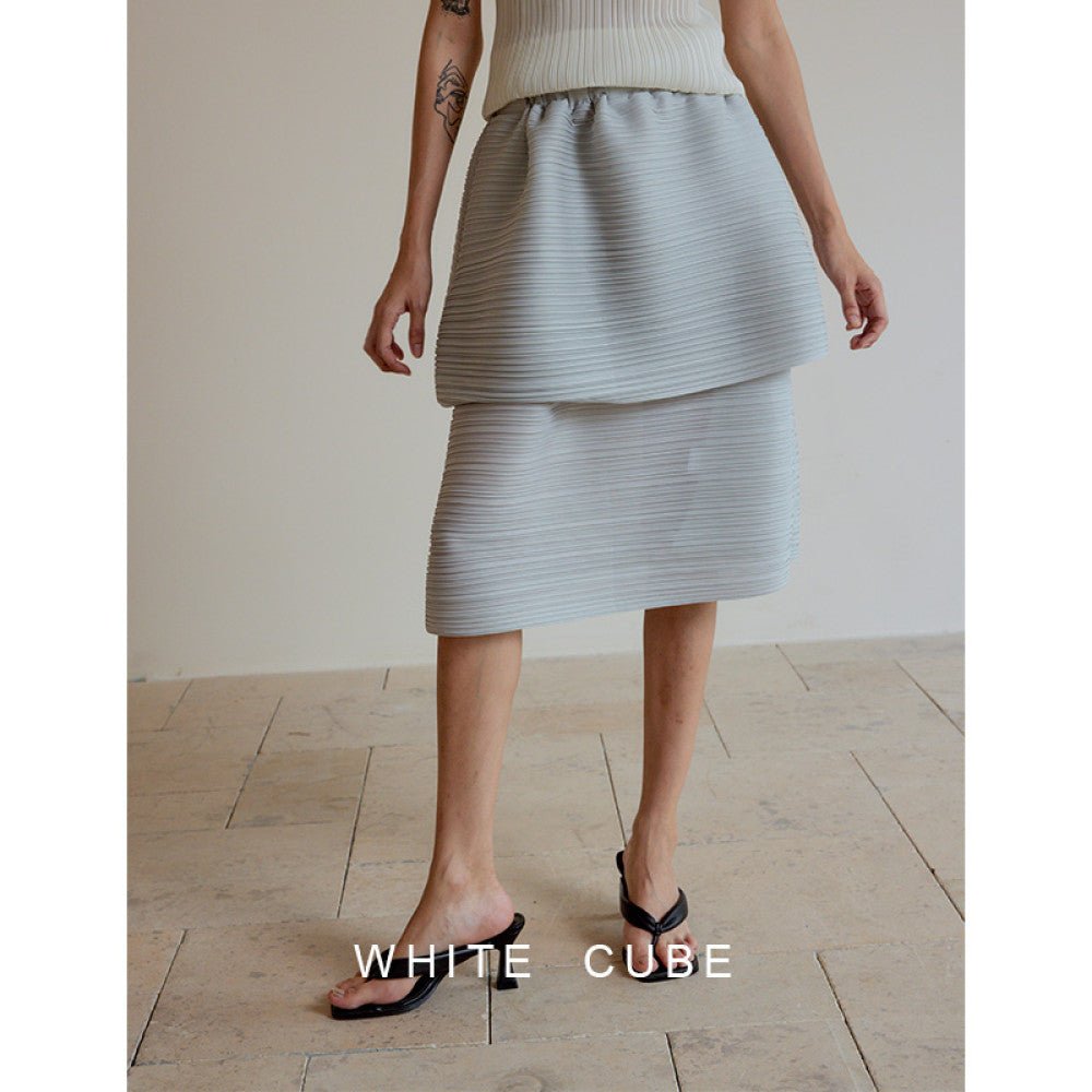 Whitecube fashionable double layer slimming high three house style pleated stand cut irregular flower bud over knee skirt for women image 6