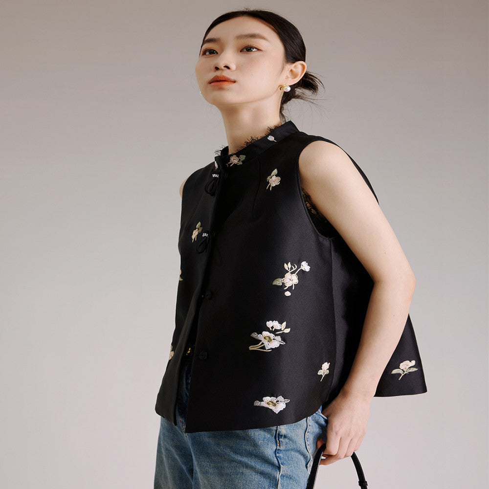 Jiaqi Custom Silk and Wool Texture Heavy Work Positioning High Density Embroidery Embroidered Lace Stand up Collar Chinese Style Fashion Vest image 0