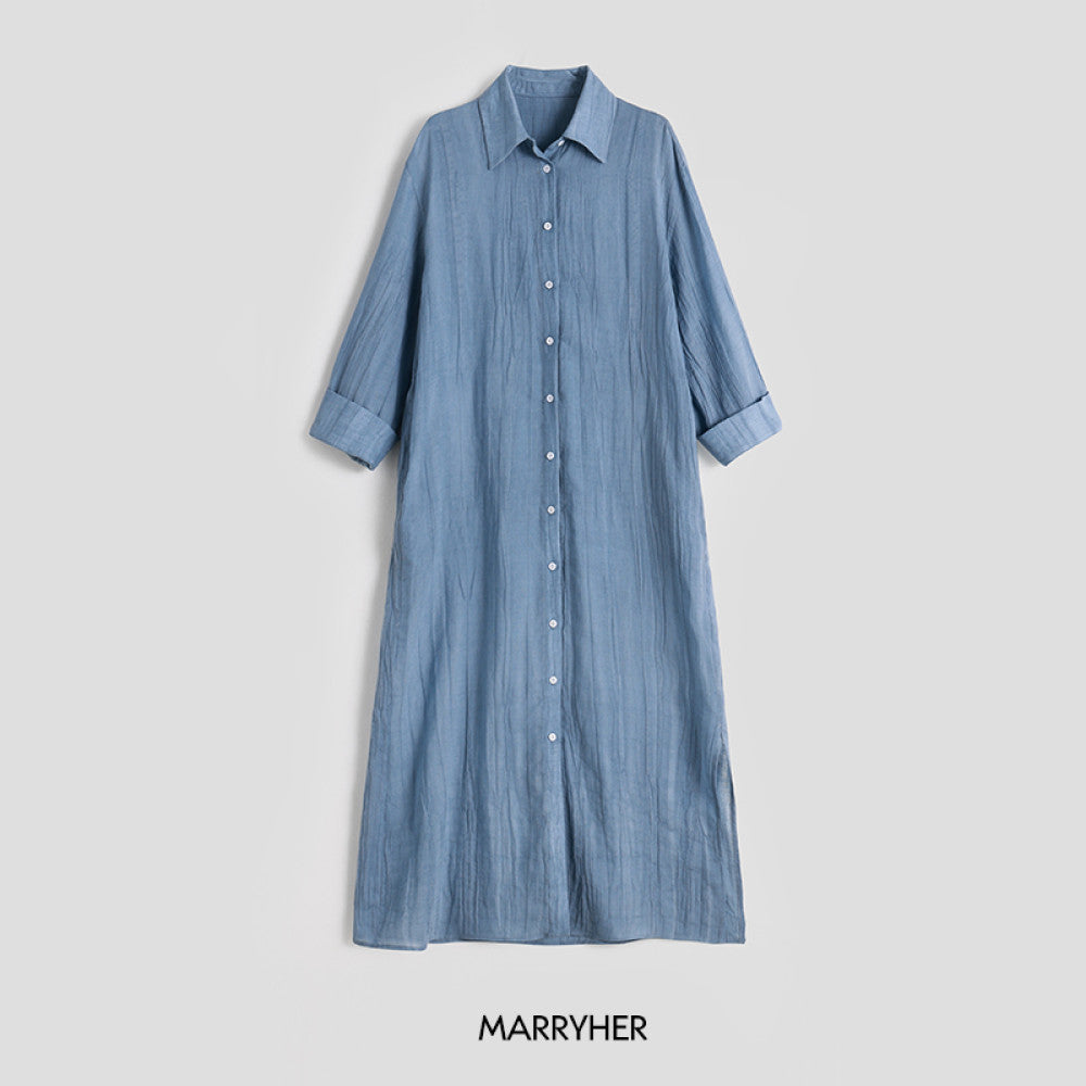 Marryher wheat and wheat lazy casual minimalist pleated ramie long skirt light blue shirt dress women s summer image 9
