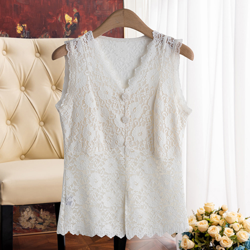 Everything can be worn in all seasons Hollow lace bottom camisole vest for women with V neck perfect for wearing on the outside and on the inside with a beautiful back image 11