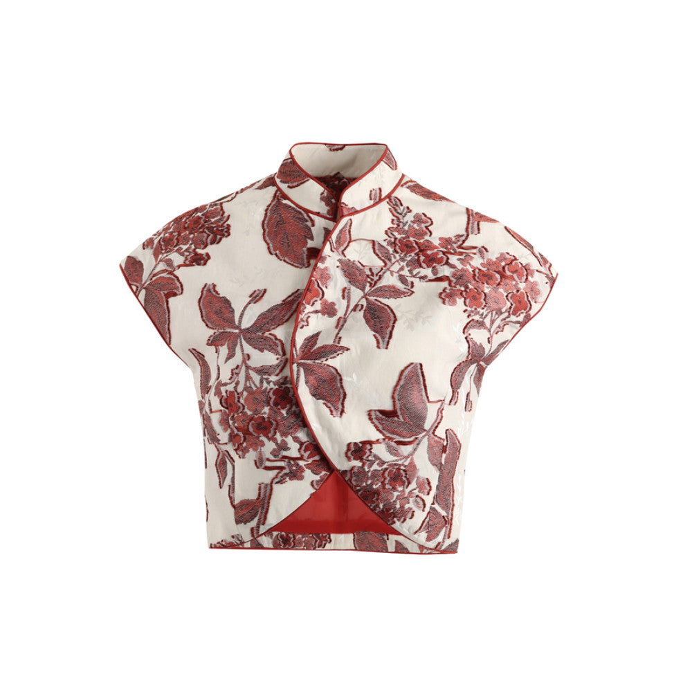 New in June CHARMMY YE New Chinese style stand up collar red jacquard short top image 11