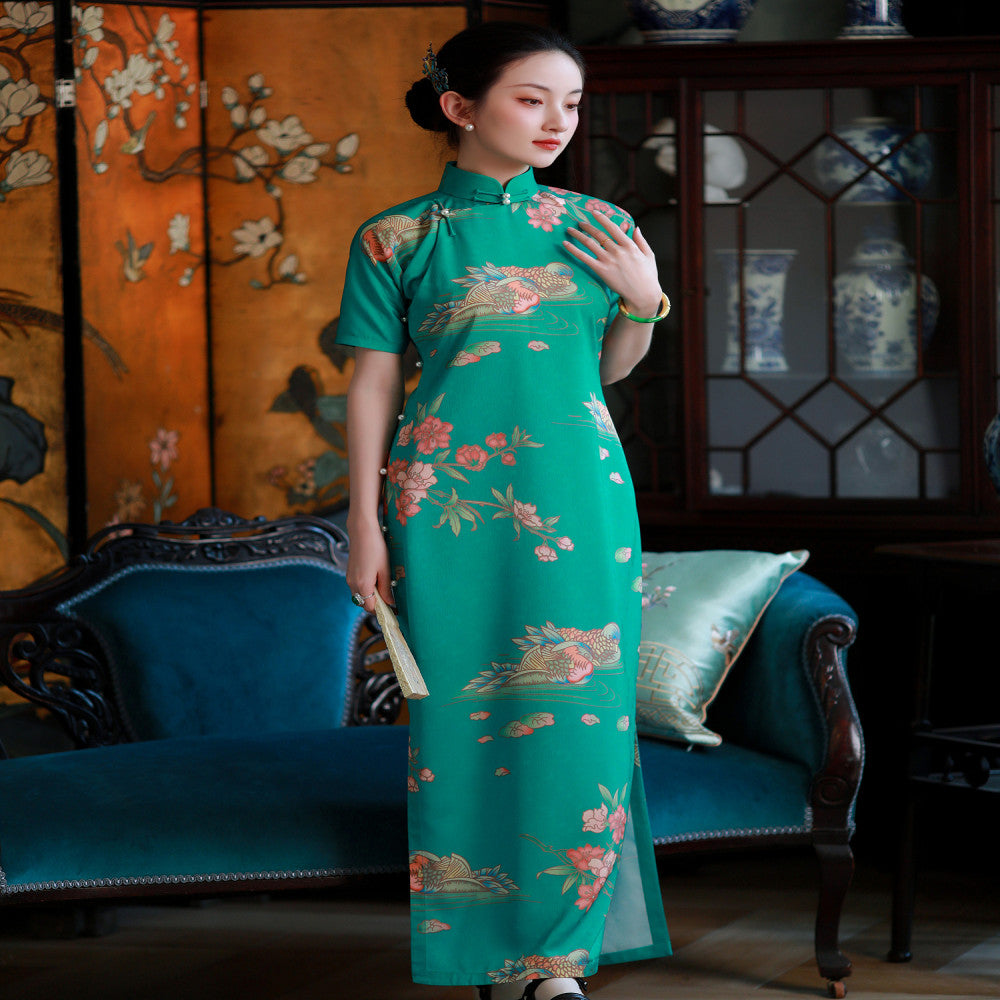 Mandarin Dream Lotus Boat One City Wind Plush Summer Blue Green Mandarin Duck Printed Chinese style Pan Button Full Open Cheongsam Skirt for Women image 1