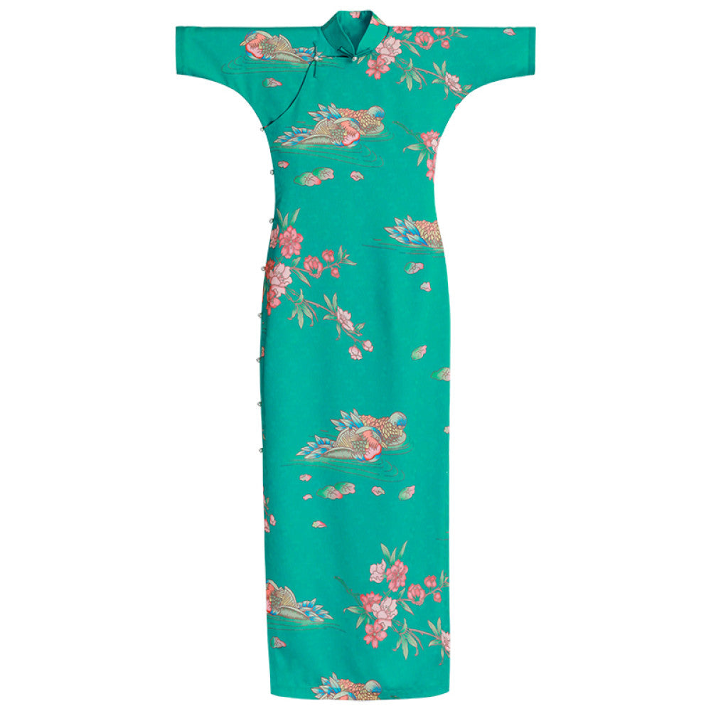 Mandarin Dream Lotus Boat One City Wind Plush Summer Blue Green Mandarin Duck Printed Chinese style Pan Button Full Open Cheongsam Skirt for Women image 12
