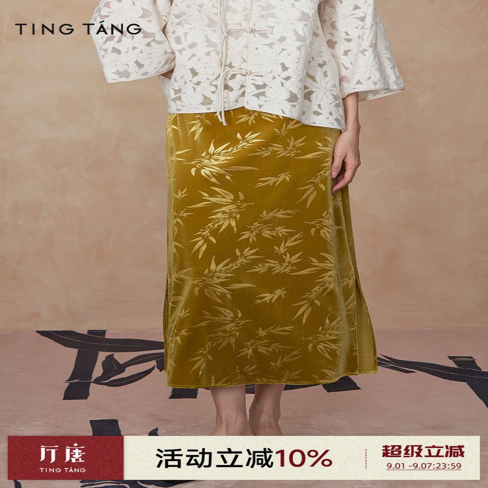 Tang style midi skirt for women made of glass gold velvet with a new Chinese style bamboo leaf pattern design exuding a luxurious and luxurious atmosphere with an ancient charm and a long skirt for sp image 1