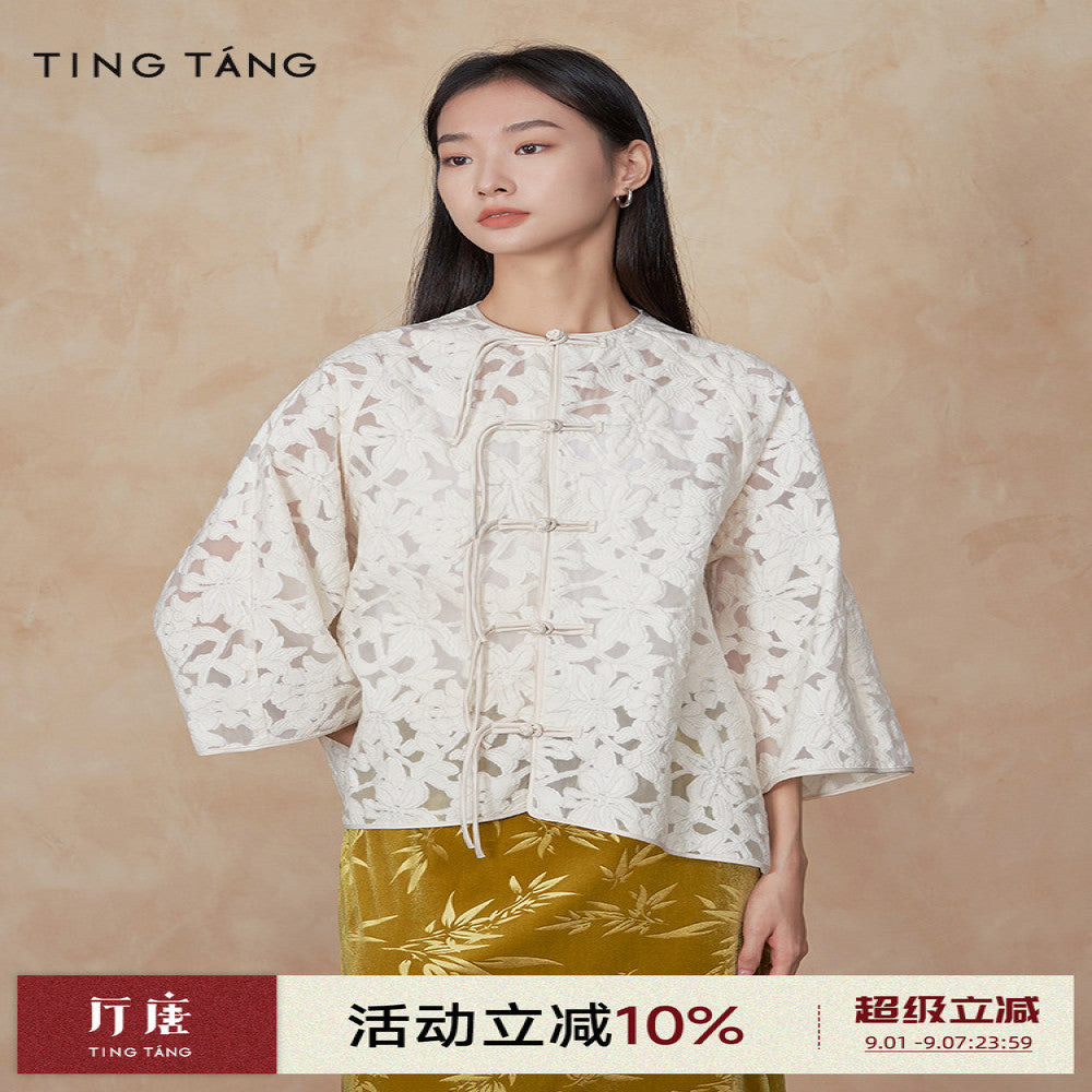 Ting Tang Celebrity Style Jacquard New Chinese Style Jacket Women s Three quarter Sleeve Hollow Button Chinese Style Short Top image 1
