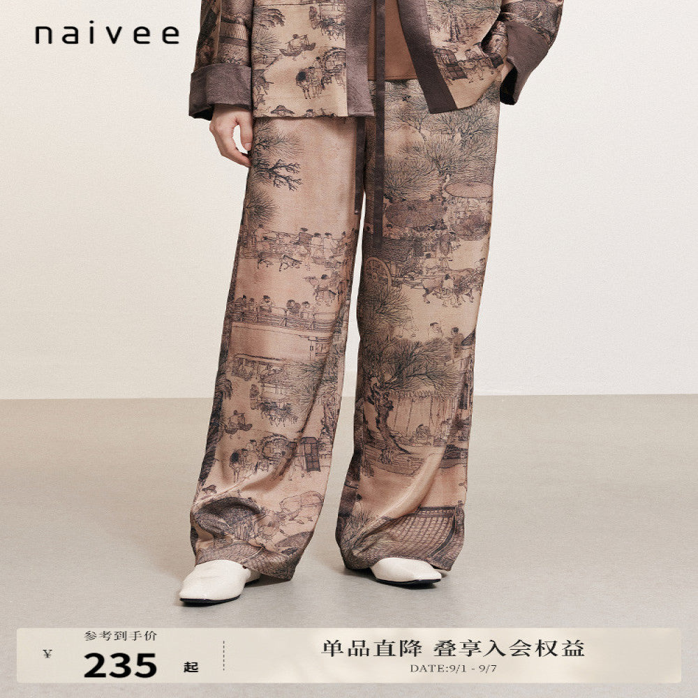 Same style Naivee autumn new Chinese classic in the mall Qingming Shanghe Tu printed straight leg casual pants for women image 0