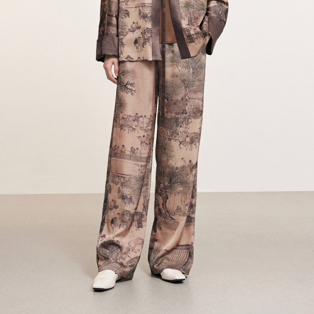 Same style Naivee autumn new Chinese classic in the mall Qingming Shanghe Tu printed straight leg casual pants for women image 7