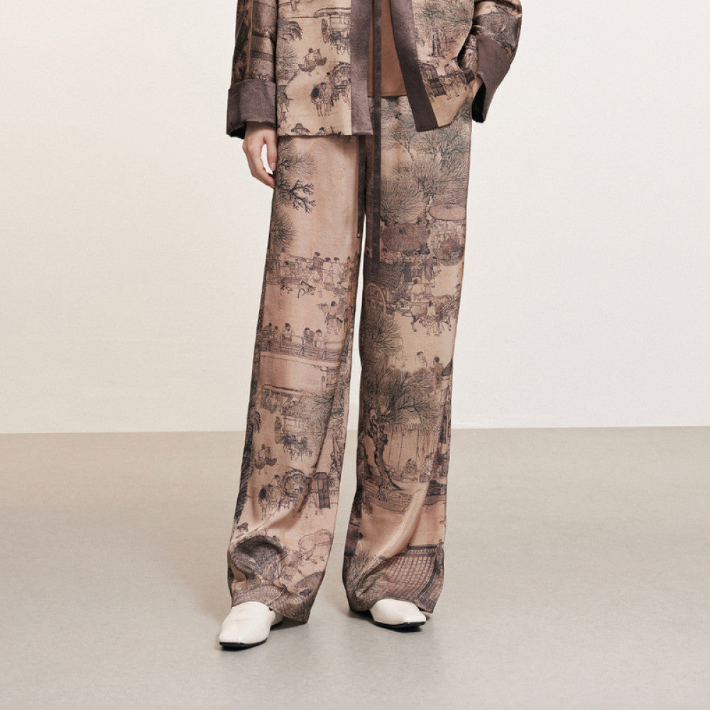 Same style Naivee autumn new Chinese classic in the mall Qingming Shanghe Tu printed straight leg casual pants for women image 19