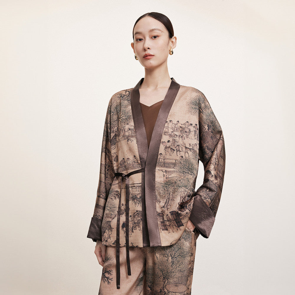 Naive autumn new Chinese style loose V neck lace up top with acetate air conditioning thin jacket for women image 12
