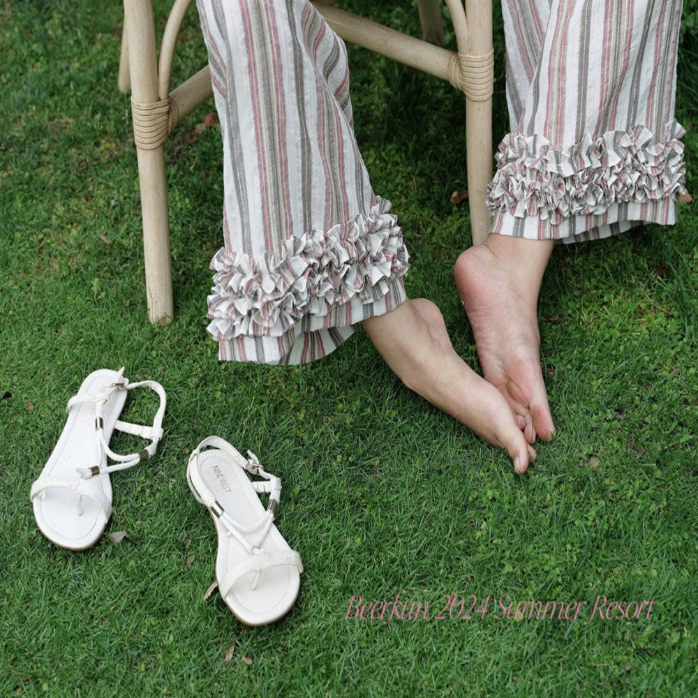 Beerkun 3 color free in summoning texture cotton handmade three dimensional wave pleated edge elastic drawstring wide leg pants image 2