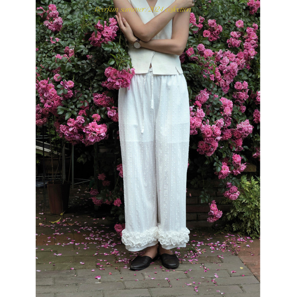 Beerkun 3 color free in summoning texture cotton handmade three dimensional wave pleated edge elastic drawstring wide leg pants image 0