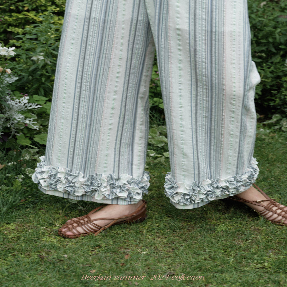 Beerkun 3 color free in summoning texture cotton handmade three dimensional wave pleated edge elastic drawstring wide leg pants image 22