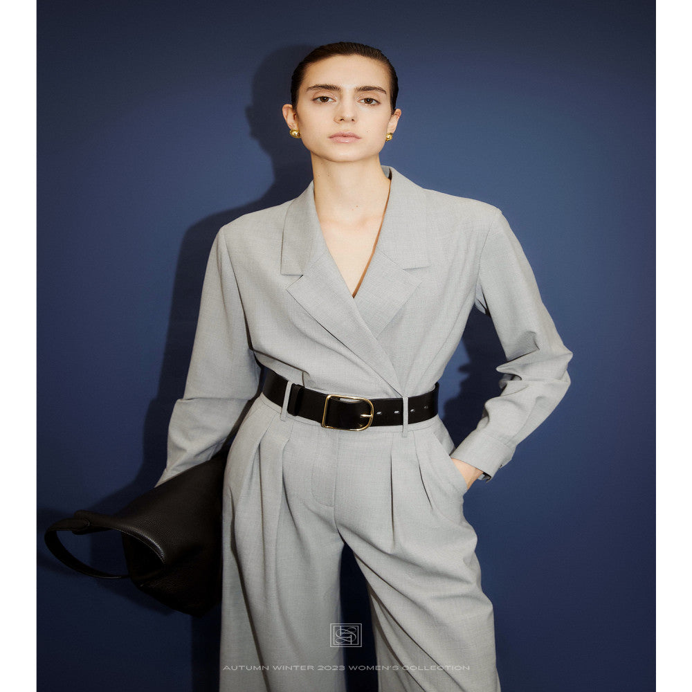 Le Samedi Stylish office lady custom color wool shirt wide leg pants set image 1