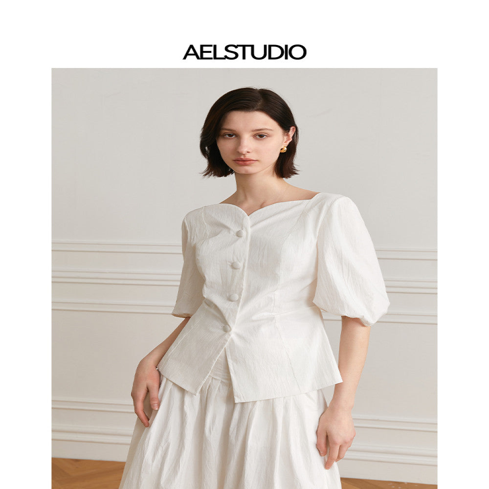 AEL original French retro casual bubble sleeve shirt 2025 autumn new white temperament chic shirt for women image 0
