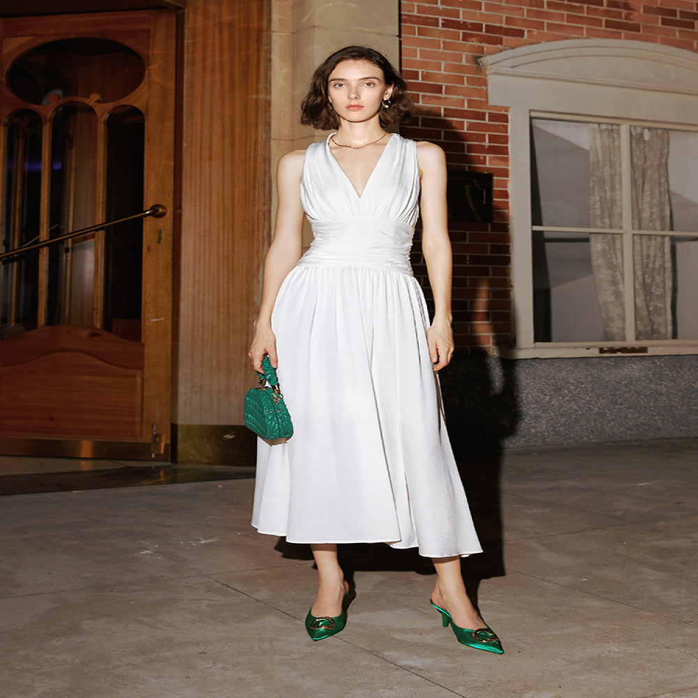 AEL Original Customized French Retro V neck Dress 2025 Summer New Acetate Satin Slim Fit Hanging Neck Long Dress image 1