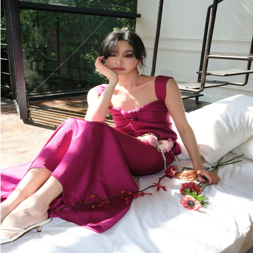 Ice plum powder retro shoulder strap one neck backless dress with high end feel bridal morning gown long style annual party evening gown dress image 1