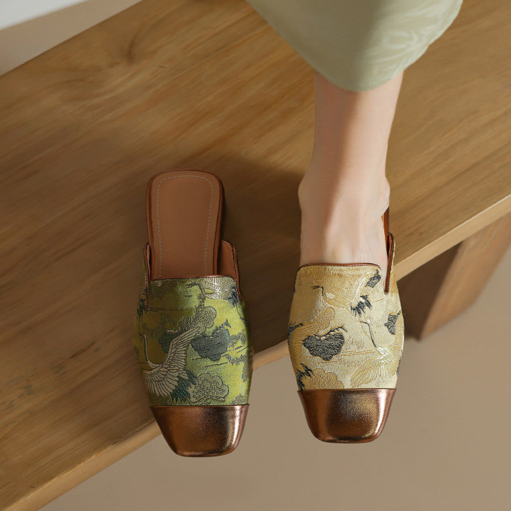 New Chinese style Baotou half slippers with women s embroidery thick heel high end feel low heel color blocked M ller sandals paired with skirts image 1