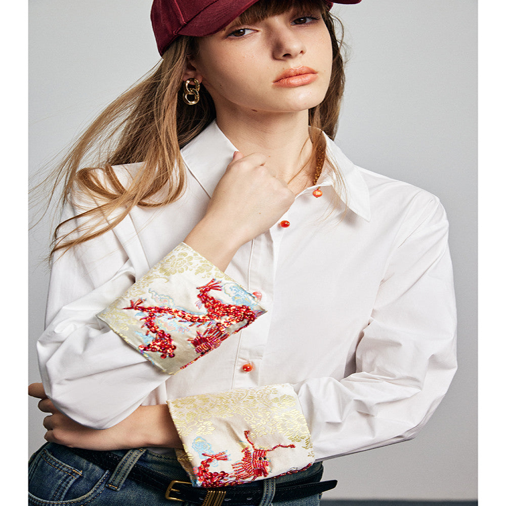 In stock Dragon Pattern Heavy Industry handmade nail bead dragon totem embroidery lapel loose silhouette poplin cotton shirt top image 1