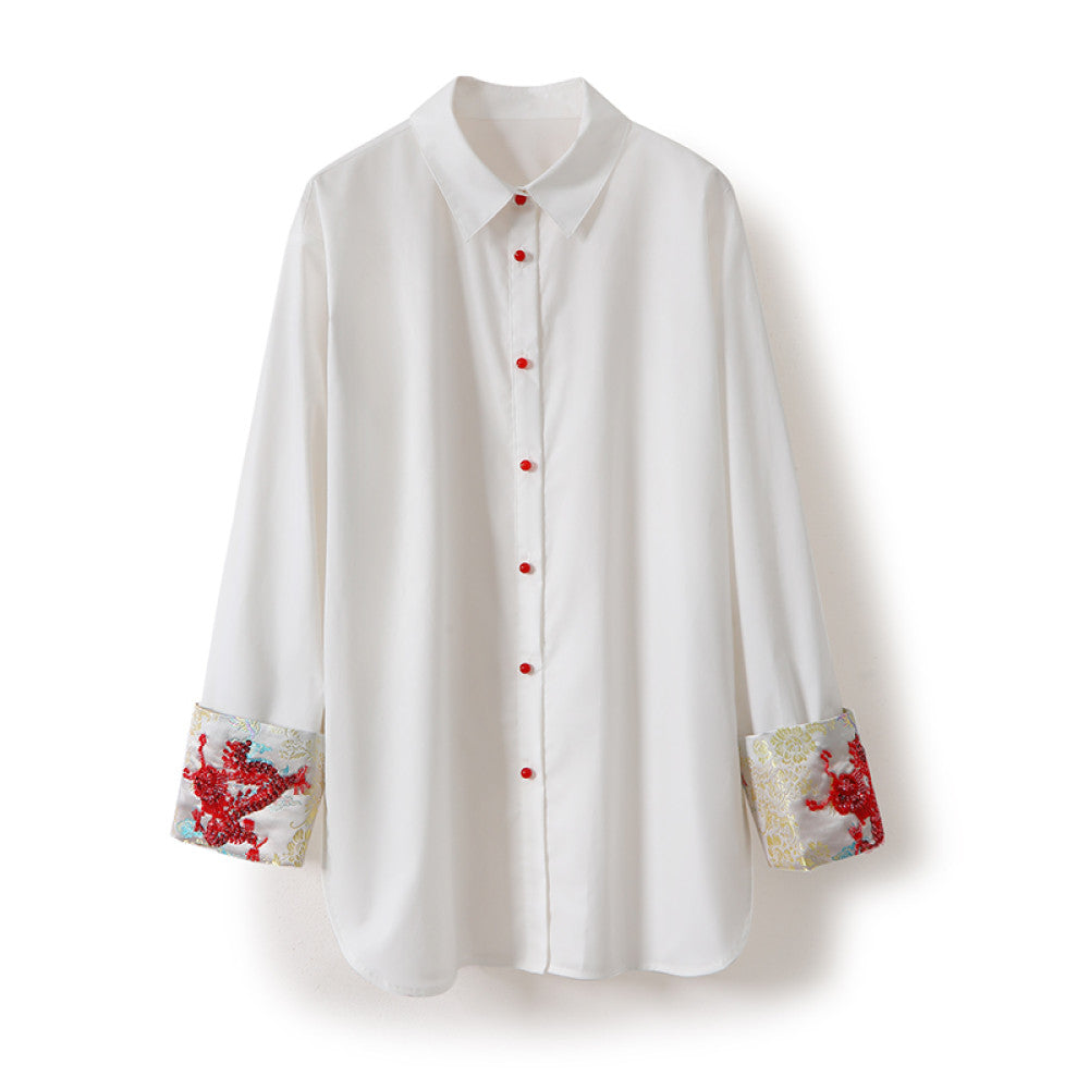 In stock Dragon Pattern Heavy Industry handmade nail bead dragon totem embroidery lapel loose silhouette poplin cotton shirt top image 14