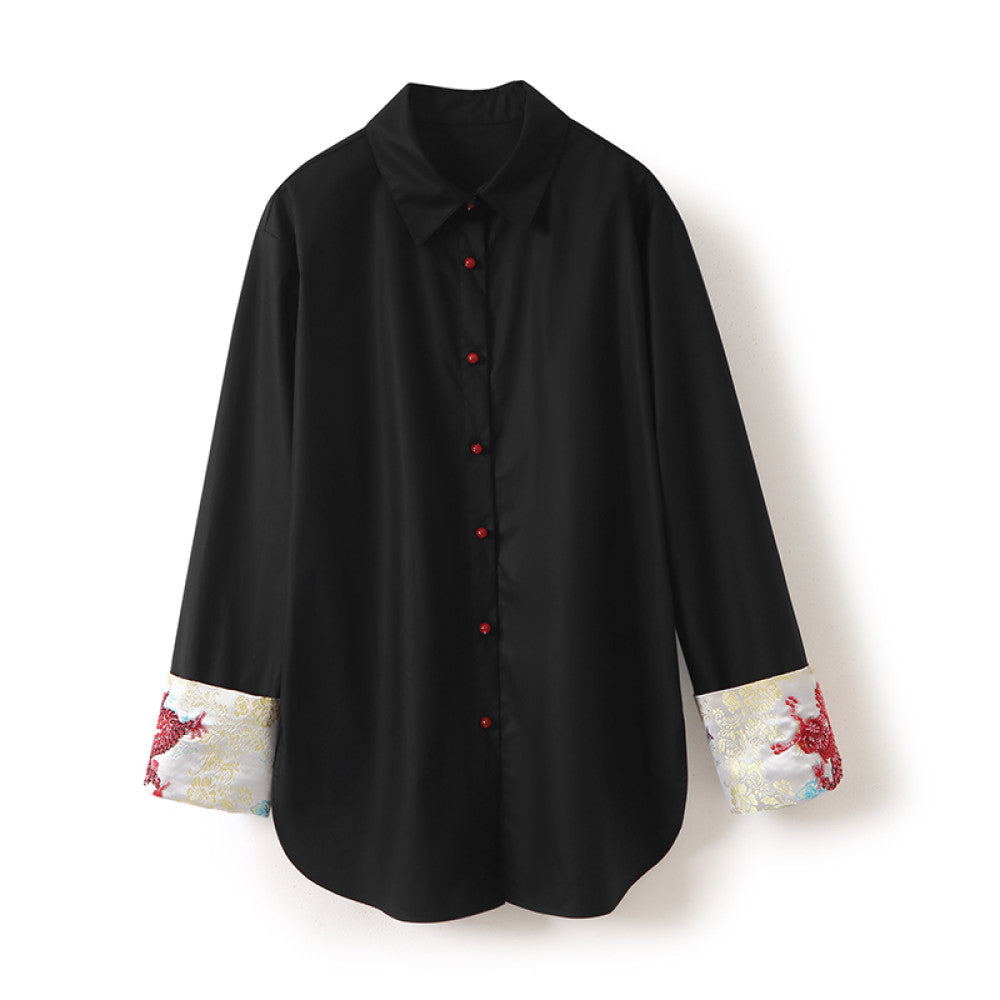In stock Dragon Pattern Heavy Industry handmade nail bead dragon totem embroidery lapel loose silhouette poplin cotton shirt top image 17