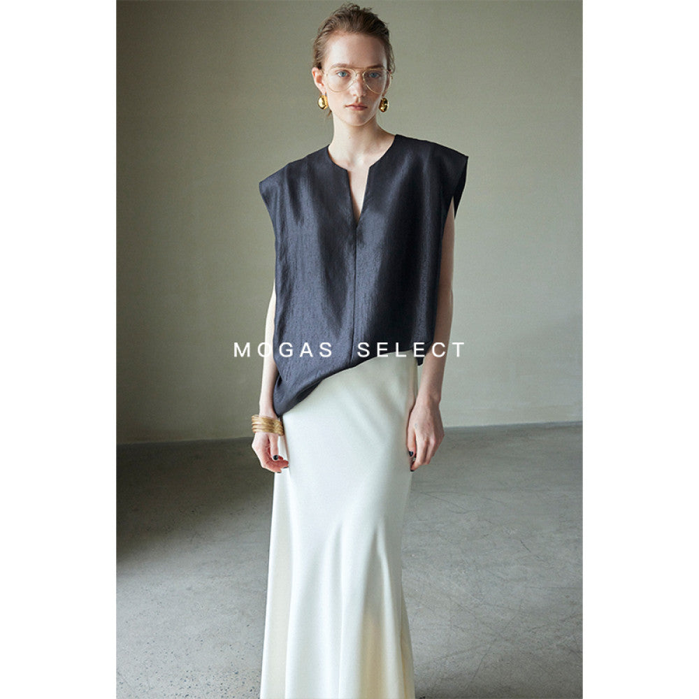 Mogas South French holiday heavyweight Lyocell blend French V neck T shirt sleeveless top vest women s summer outerwear image 24