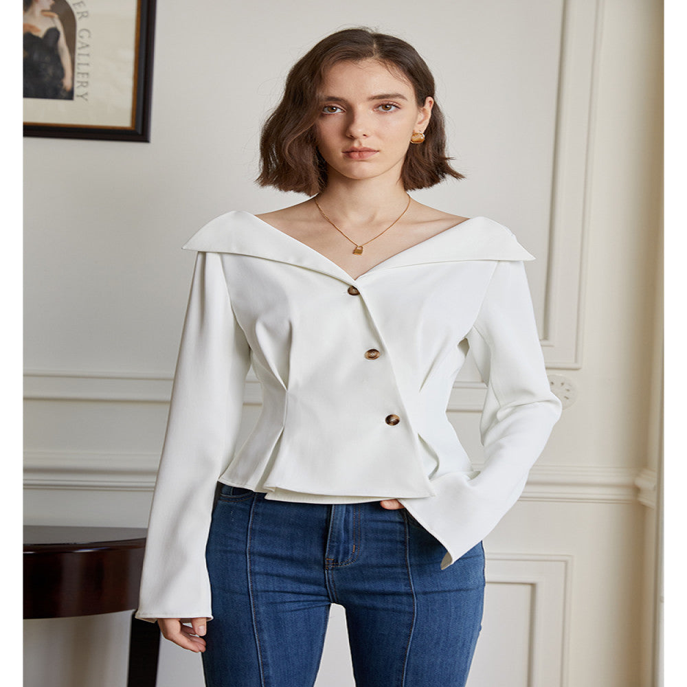 AEL original custom design feeling lapel and waist cinched V neck shirt for women autumn new commuter French top for women image 15