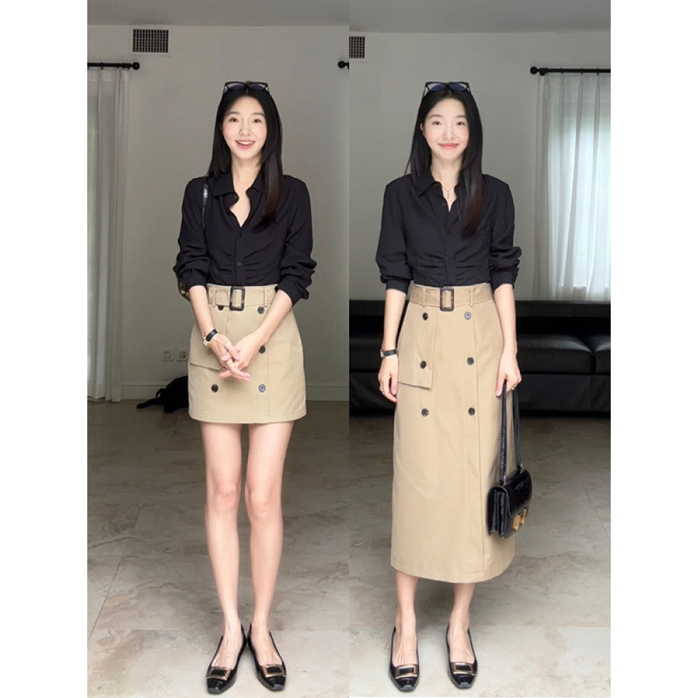 Guo Jiunian cotton khaki workwear A line skirt with belt linen Tencel versatile slimming black shirt for women image 0