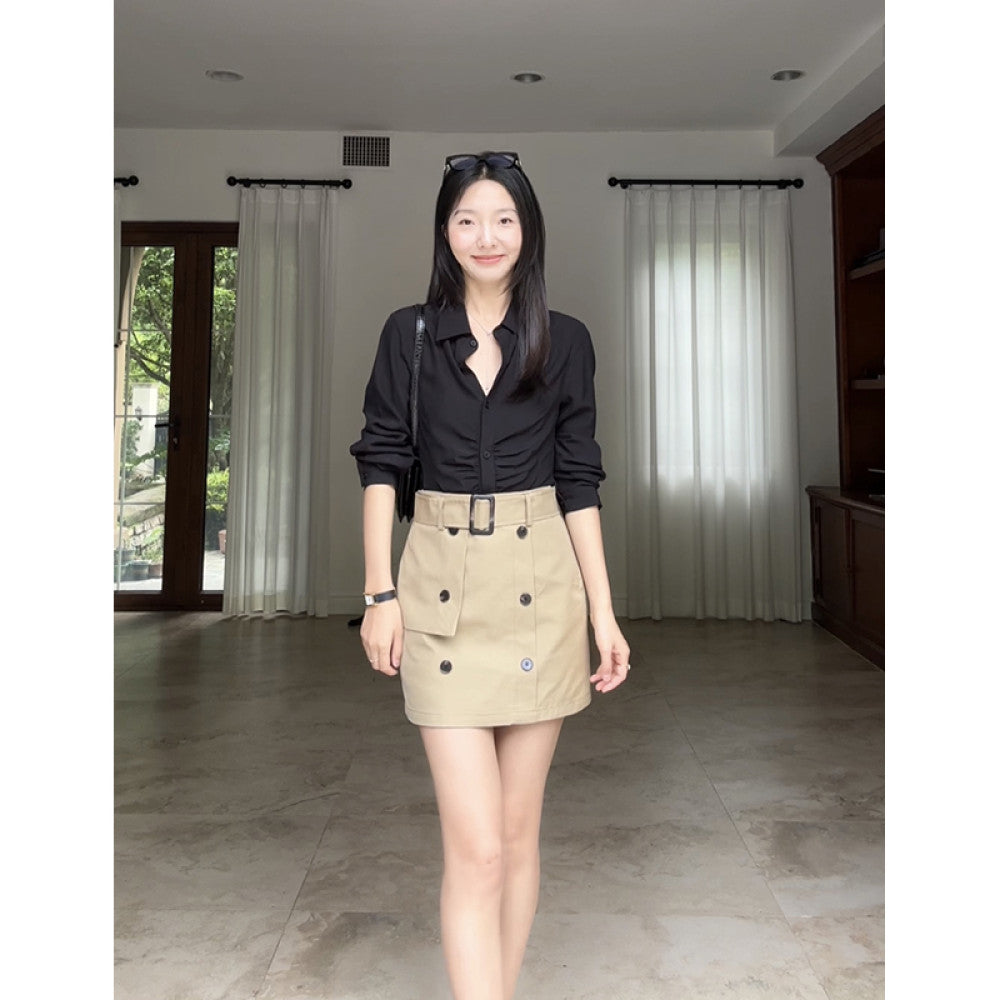 ASAYA3533 Khaki Workwear A-line Skirt with Belt (Short and Long Version)