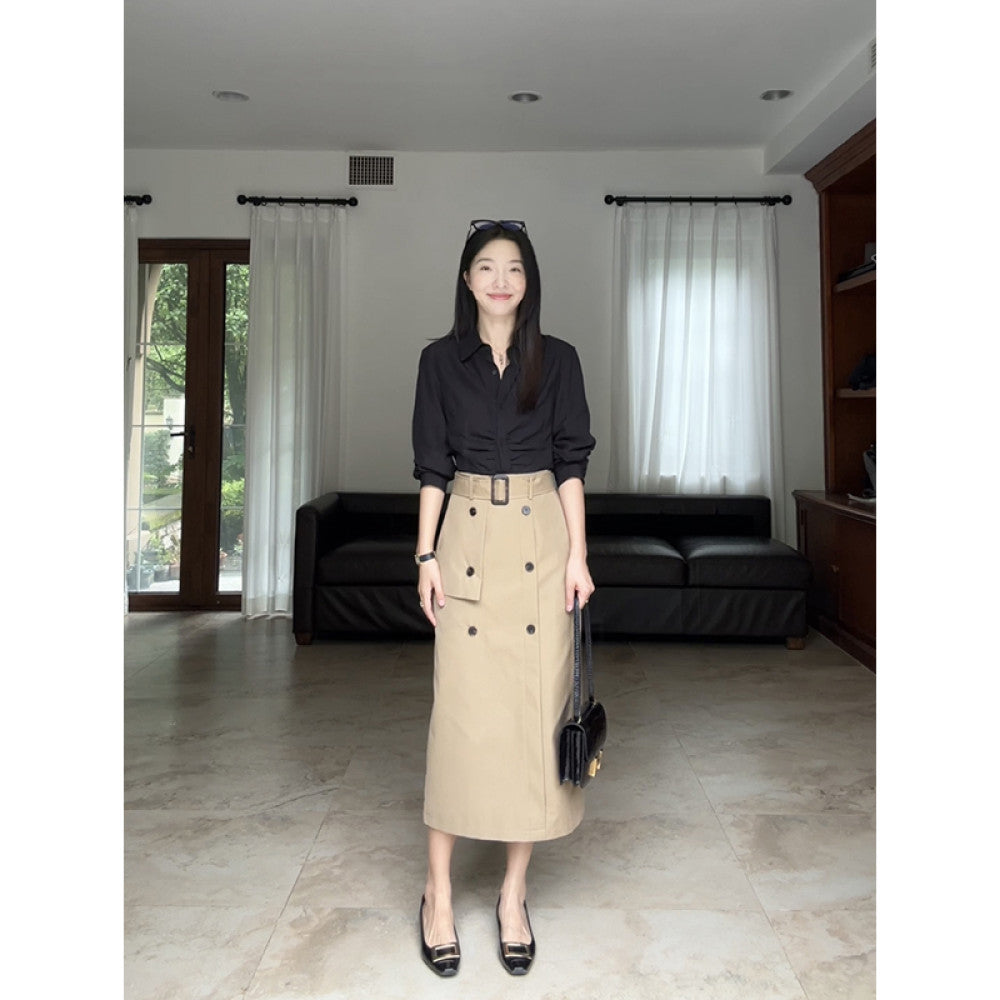 Guo Jiunian cotton khaki workwear A line skirt with belt linen Tencel versatile slimming black shirt for women image 41