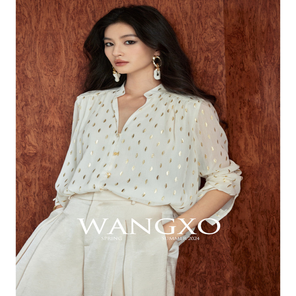 WANGXO Gilded Chiffon with Gold Leaf Pattern Custom Gold Sprinkled Glass Buttons Women s Loose Straight Shirt with Small Stand Up Collar image 0