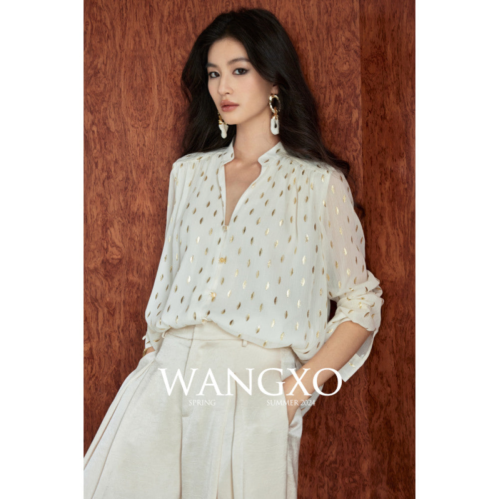 WANGXO Gilded Chiffon with Gold Leaf Pattern Custom Gold Sprinkled Glass Buttons Women s Loose Straight Shirt with Small Stand Up Collar image 11