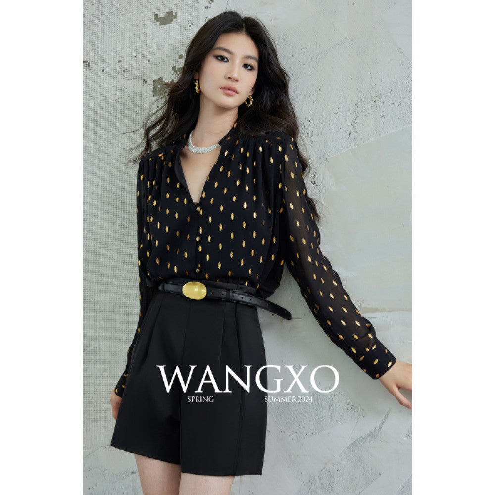 WANGXO Gilded Chiffon with Gold Leaf Pattern Custom Gold Sprinkled Glass Buttons Women s Loose Straight Shirt with Small Stand Up Collar image 12