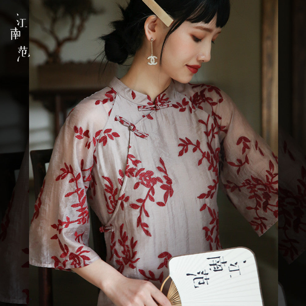 Jiangnan style low collar college entrance examination cheongsam summer improved version buckle retro style embroidery young style slanted collar daily use image 7