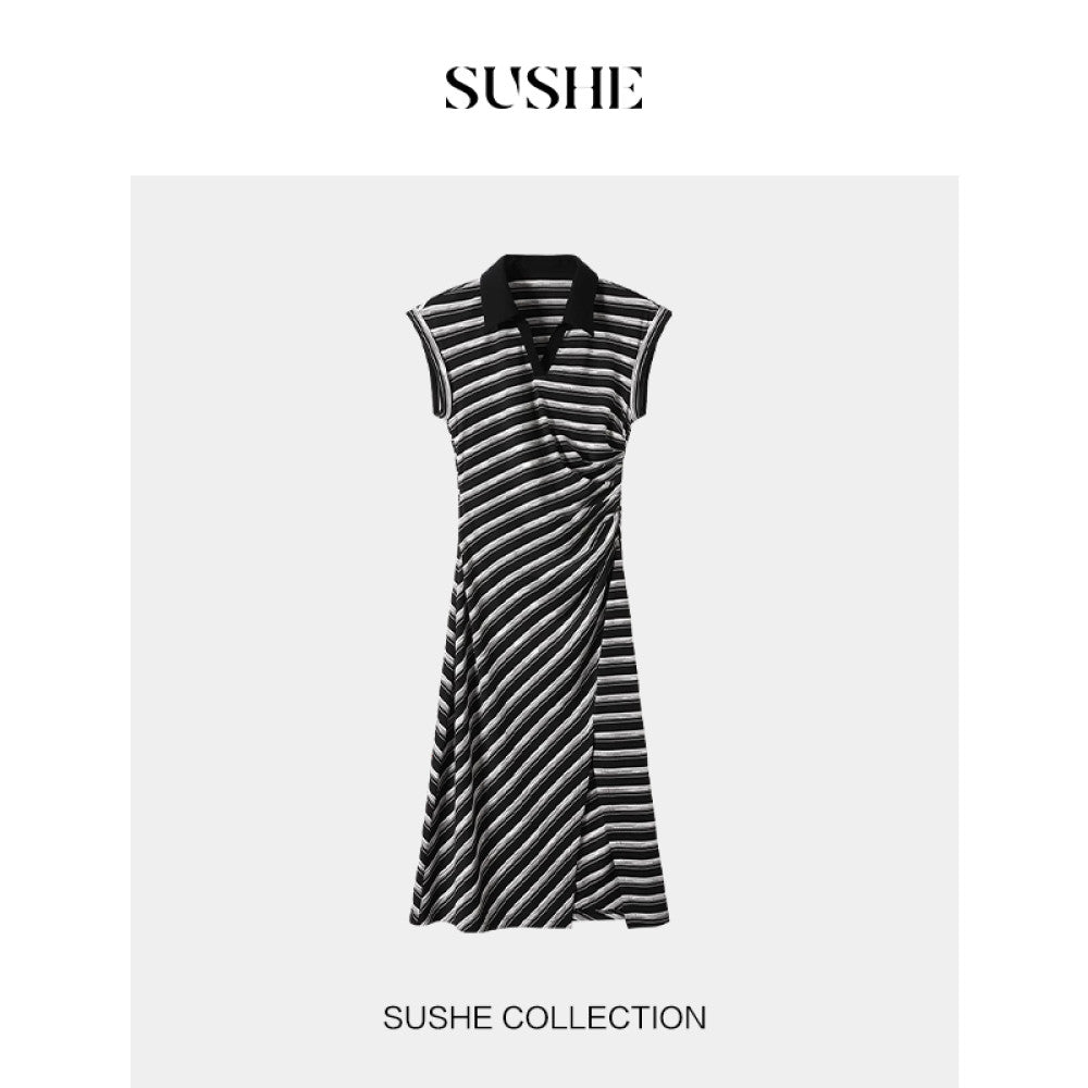 Available at Outlet SUSHE Striped Loop POLO Lapel Sleeveless Waist Slit Dress Women image 6