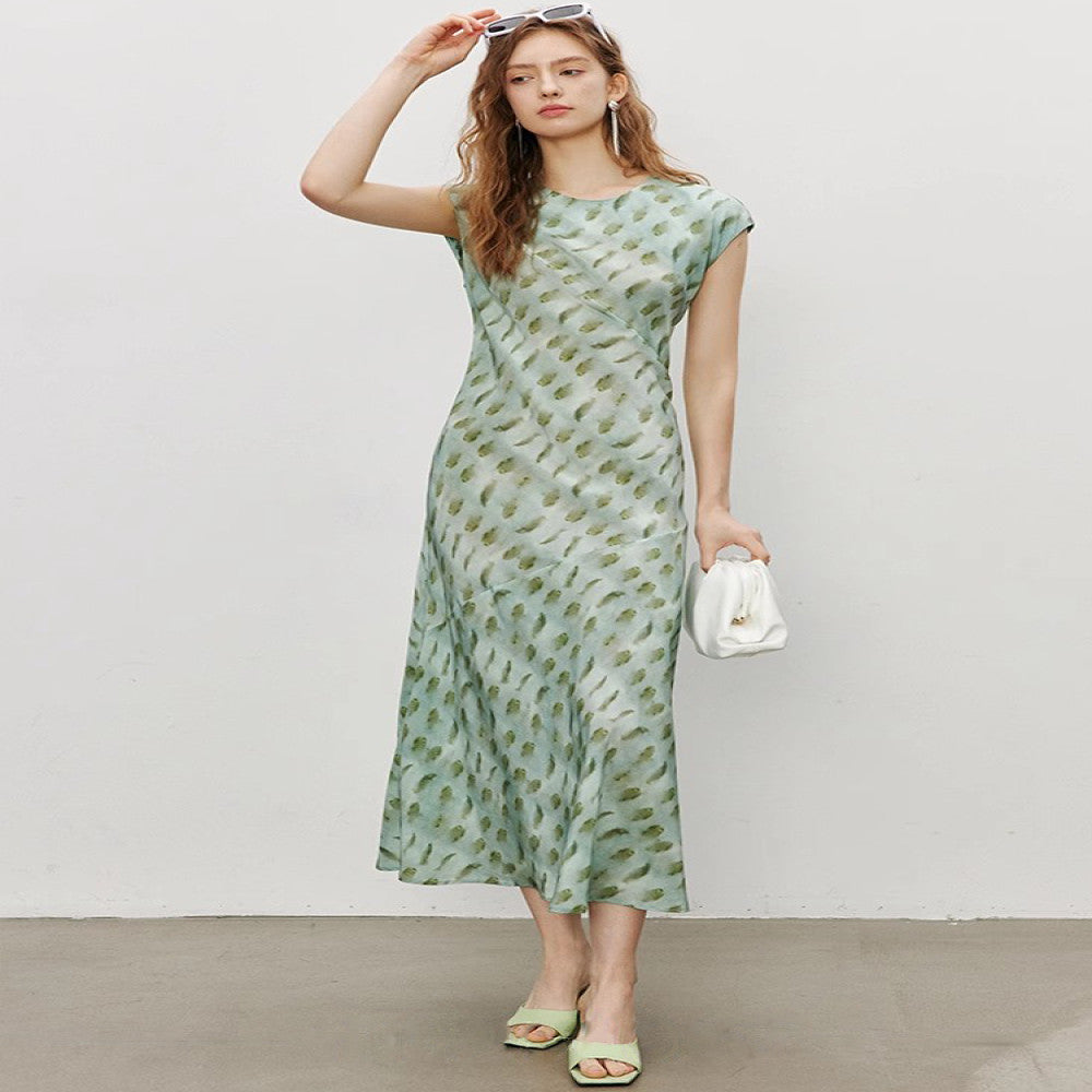 Different from the market version 1OO silk double crepe dress with small cap sleeves asymmetrical bias cut and waisted mulberry silk printed dress image 1