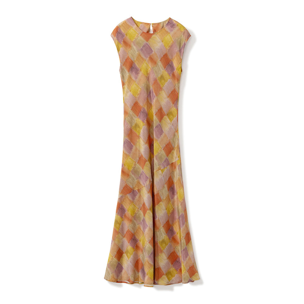Different from the market version 1OO silk double crepe dress with small cap sleeves asymmetrical bias cut and waisted mulberry silk printed dress image 19