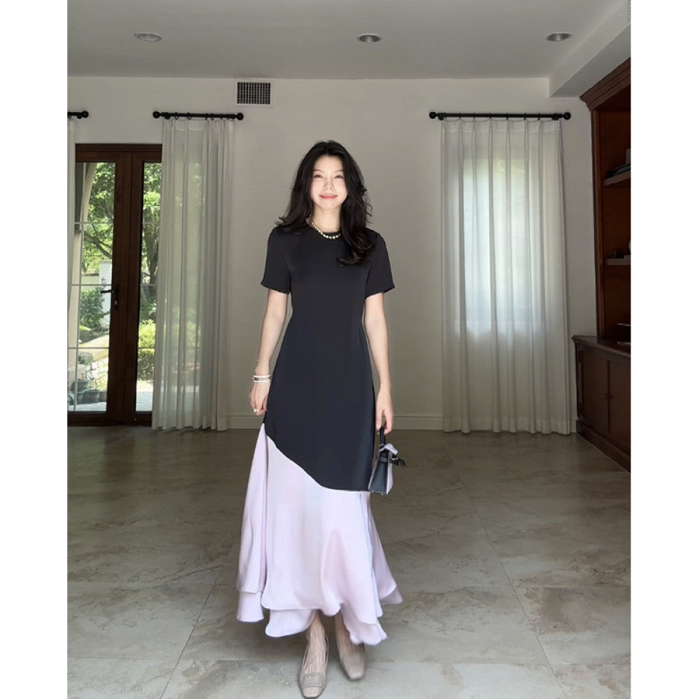 Guo Jiujiu French simple temperament short sleeved satin contrast color waist slim round neck dress summer long skirt image 10