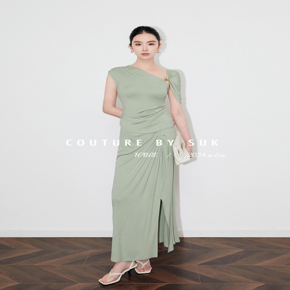 SUK Classic Romance Asymmetrical Off shoulder Dress Waist Pleated Slim Fit Knit Stretch Skirt Summer image 1