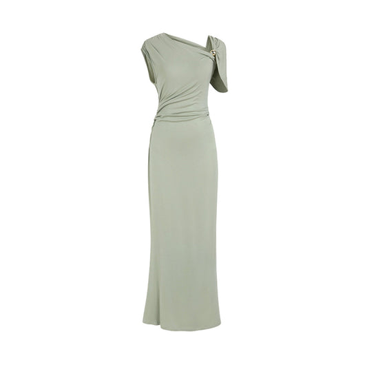 ASAYA3527 Asymmetric Off-shoulder Neck Top and Slim Fit Knitted Stretch Skirt (2 Colors)