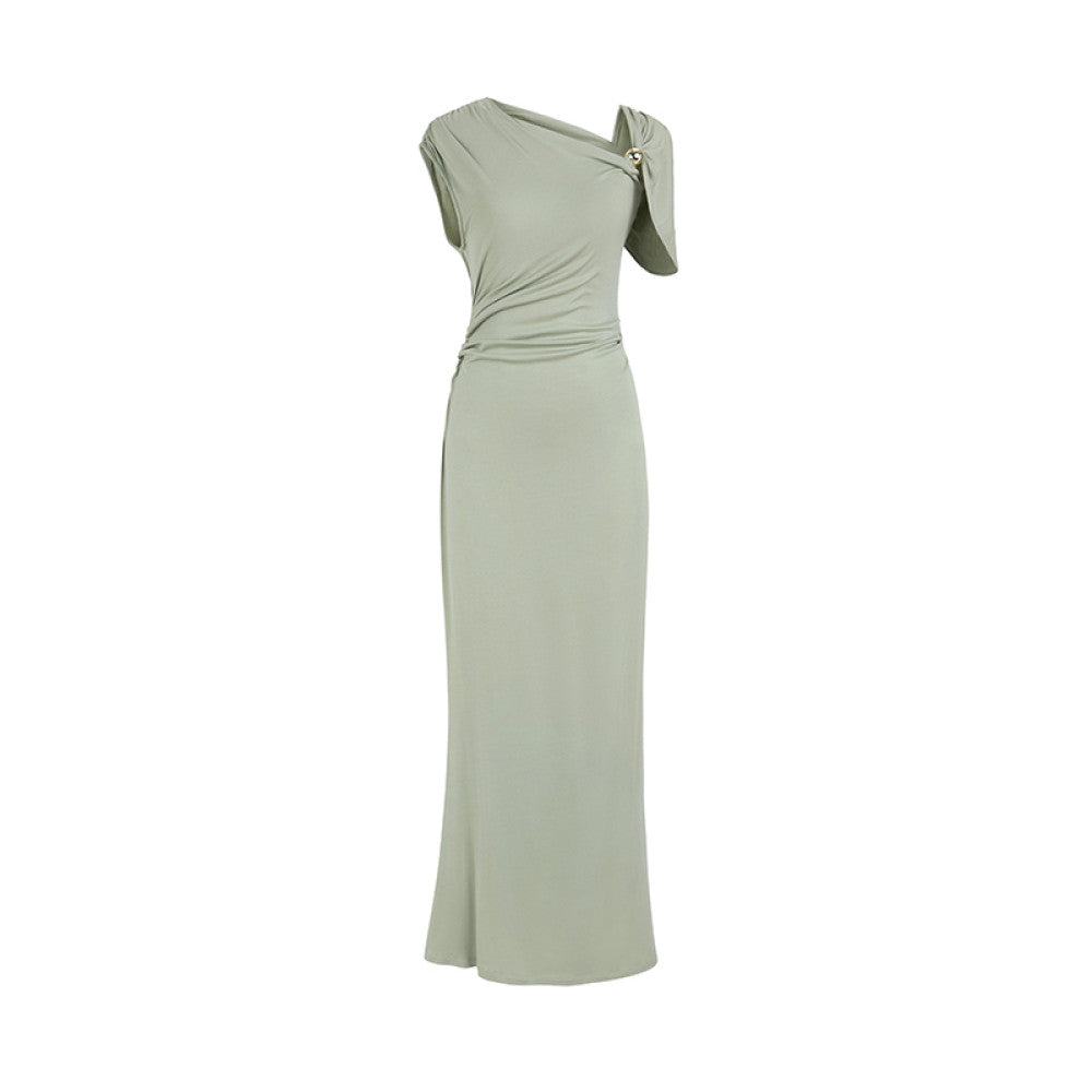 SUK Classic Romance Asymmetrical Off shoulder Dress Waist Pleated Slim Fit Knit Stretch Skirt Summer image 11