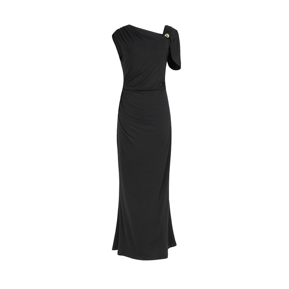 SUK Classic Romance Asymmetrical Off shoulder Dress Waist Pleated Slim Fit Knit Stretch Skirt Summer image 13