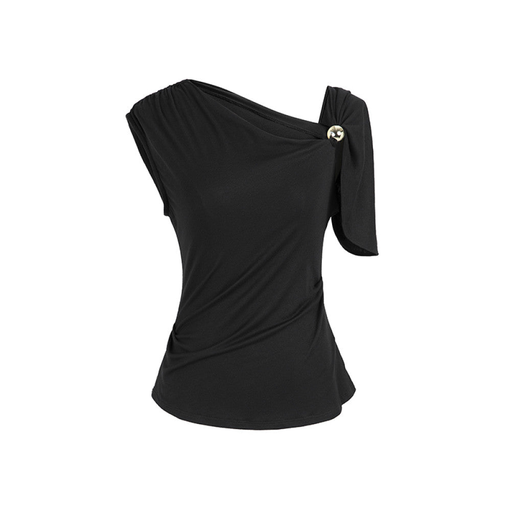 SUK Classic Romance Asymmetrical Off shoulder Dress Waist Pleated Slim Fit Knit Stretch Skirt Summer image 29