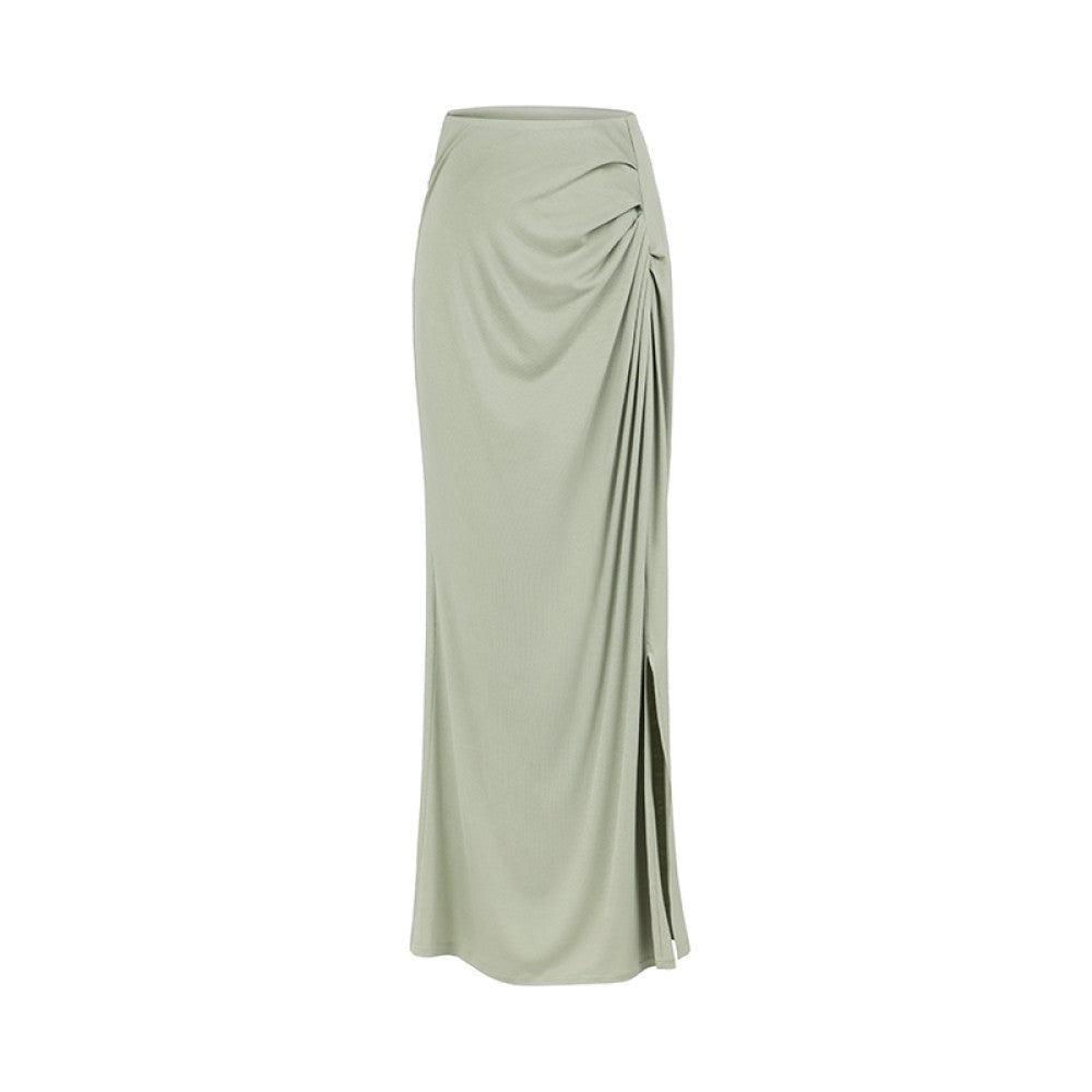 SUK Classic Romance Asymmetrical Off shoulder Dress Waist Pleated Slim Fit Knit Stretch Skirt Summer image 34