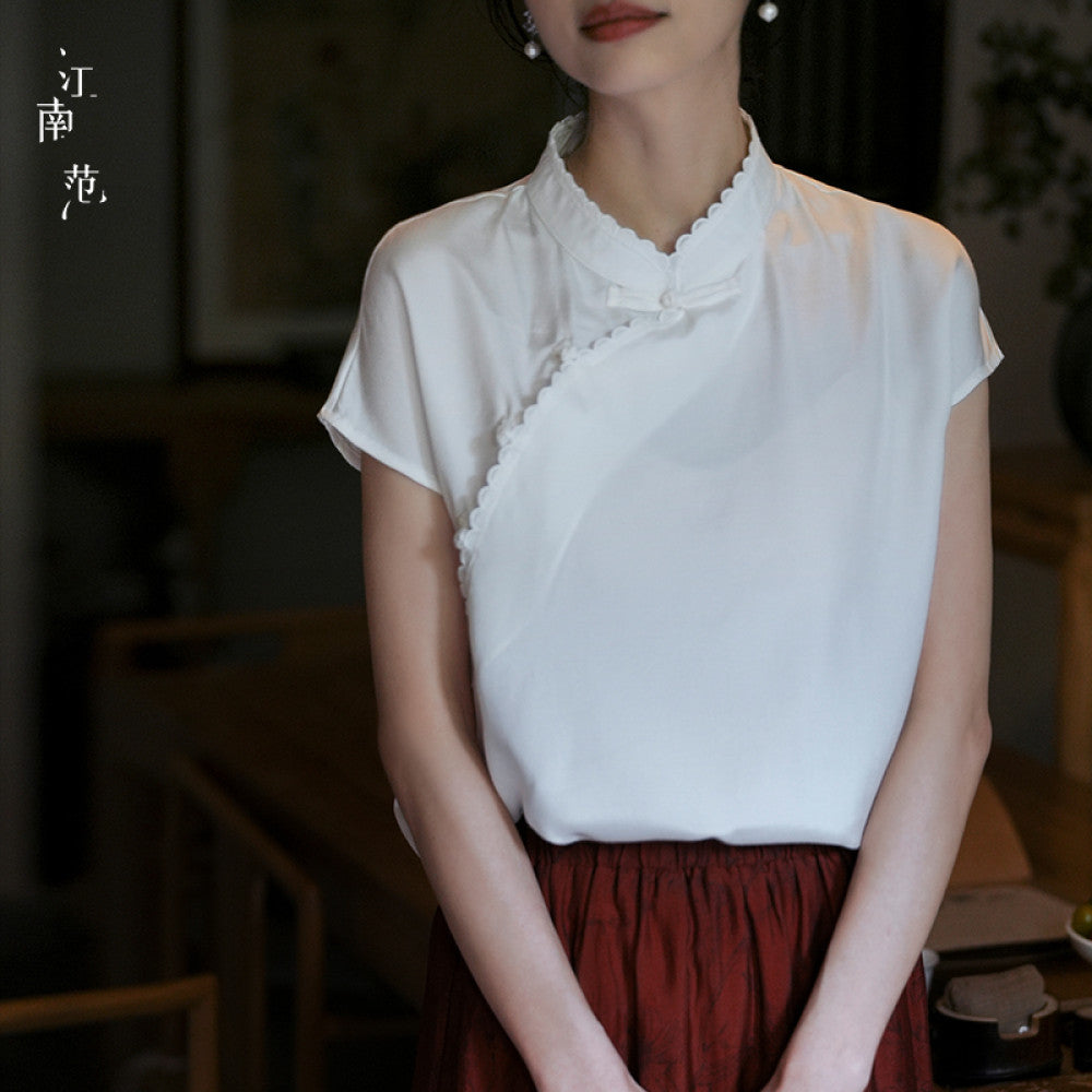 Jiangnan style new improved white short sleeved cheongsam top 2024 summer temperament all match Chinese tea dress blouse image 10