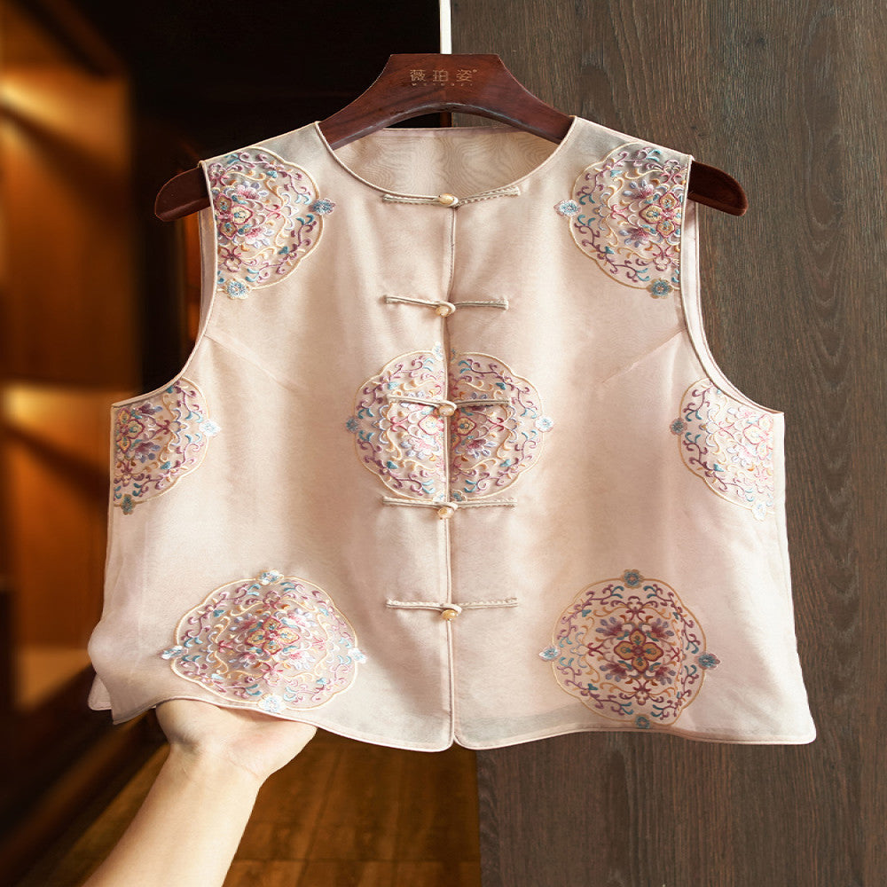 Pink high end silk new Chinese style vest for women in summer thin design heavy embroidery mulberry silk buckle top image 0