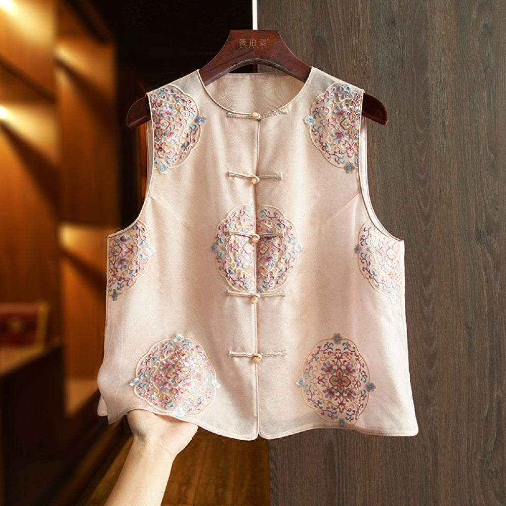 Pink high end silk new Chinese style vest for women in summer thin design heavy embroidery mulberry silk buckle top image 9