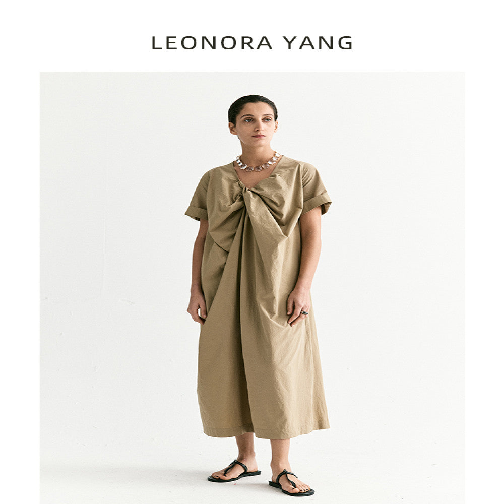 LEONORA YANG 24SS original niche stand cut twisted pleated V neck loose French dress for women s summer luxury image 10